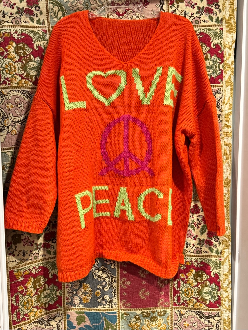 Women’s V-Neck Orange LOVE PEACE Knit Sweater